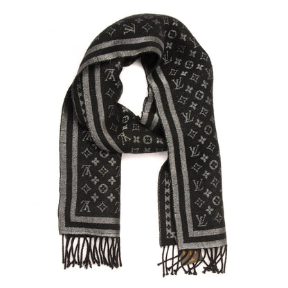 Louis Vuitton Wool Cashmere Lurex Monogram Scarf Black Silver 1 of 3