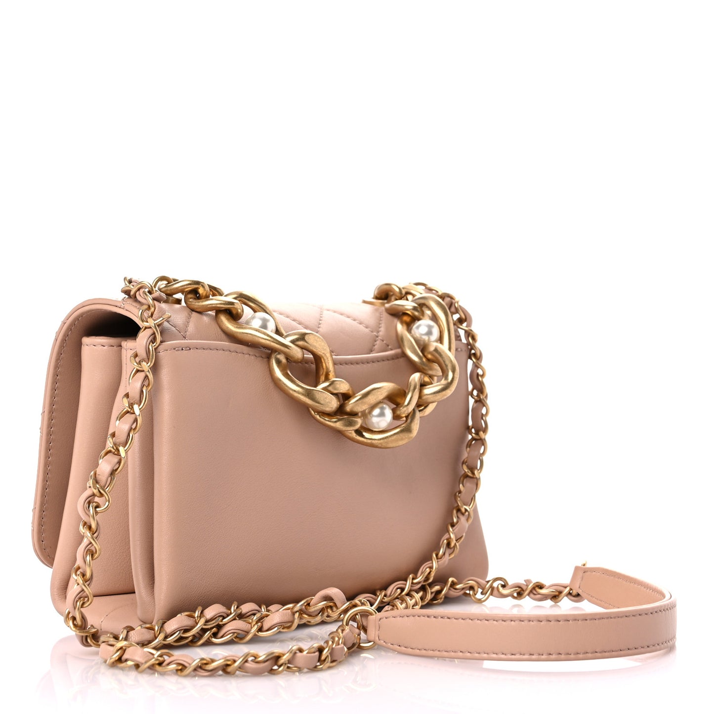 Calfskin Quilted Pearl Jewel Chain Flap Beige