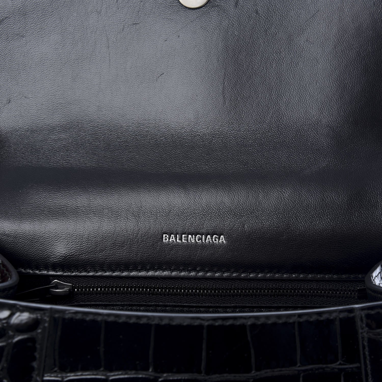 Balenciaga Shiny Calfskin Monochrome Crocodile Embossed Small Hourglass Top Handle Bag Black 6 of 9