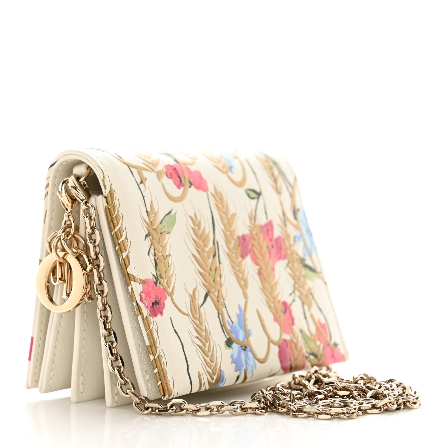Christian Dior Calfskin Hibiscus Printed Gusseted Card Holder Chain Beige Multicolor 2 of 8