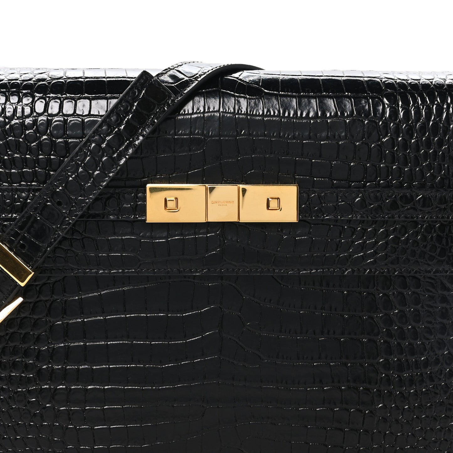 Shiny Calfskin Crocodile Embossed Manhattan Baguette Black