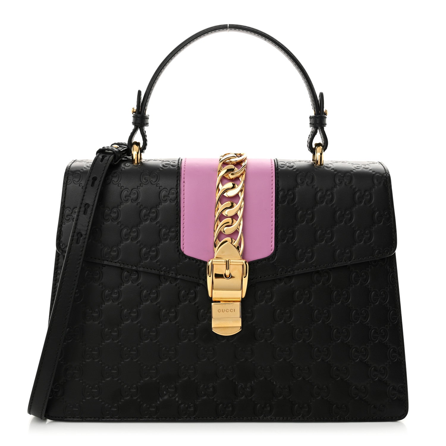 Gucci Guccissima Medium Sylvie Top Handle Bag Black Pink 1 of 16