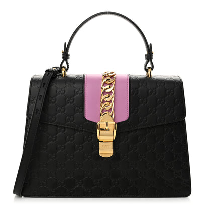 Gucci Guccissima Medium Sylvie Top Handle Bag Black Pink 1 of 16