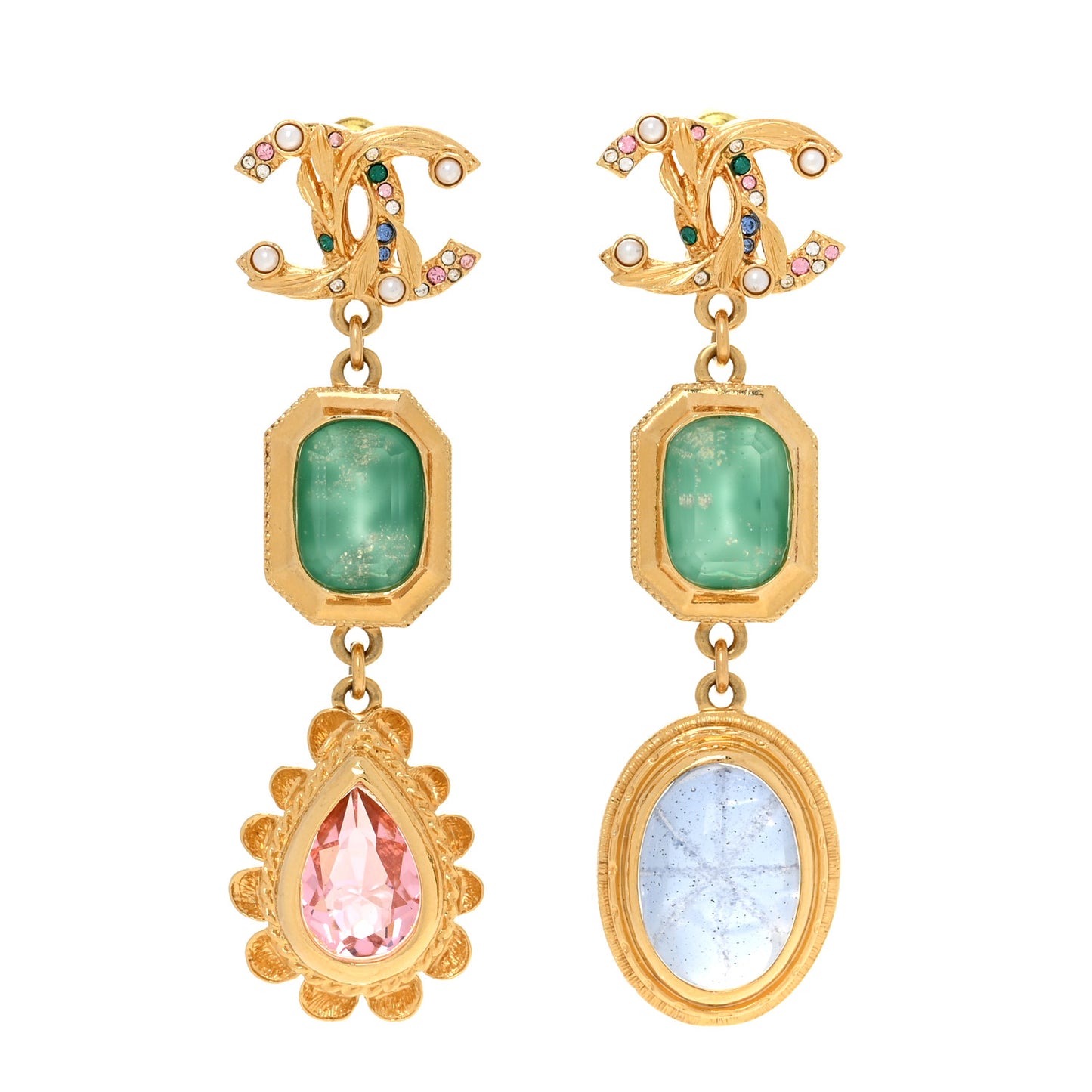 Crystal Pearl CC Drop Earrings Gold Green Pink