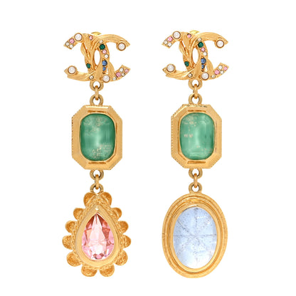 Chanel Crystal Pearl CC Drop Earrings Gold Green Pink 1 of 4