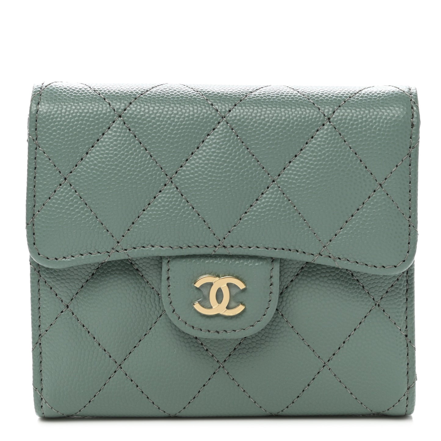 Metallic Caviar Quilted Compact Flap Wallet Dark Green