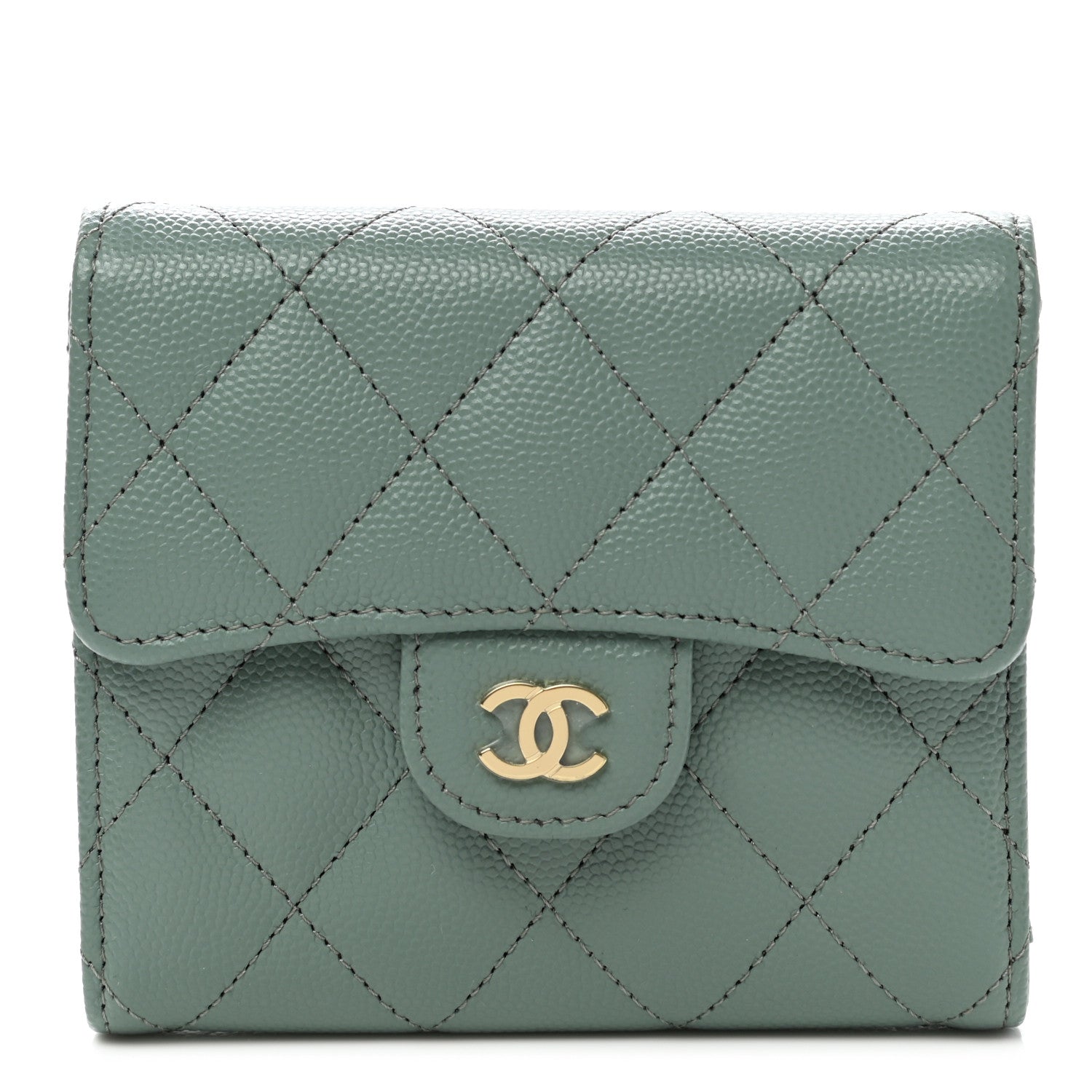 Chanel Metallic Caviar Quilted Compact Flap Wallet Dark Green 1 of 8