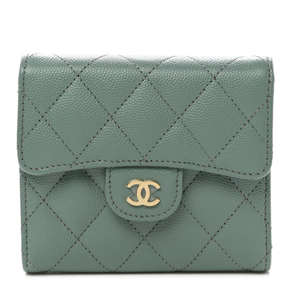 Chanel Metallic Caviar Quilted Compact Flap Wallet Dark Green 1 of 8