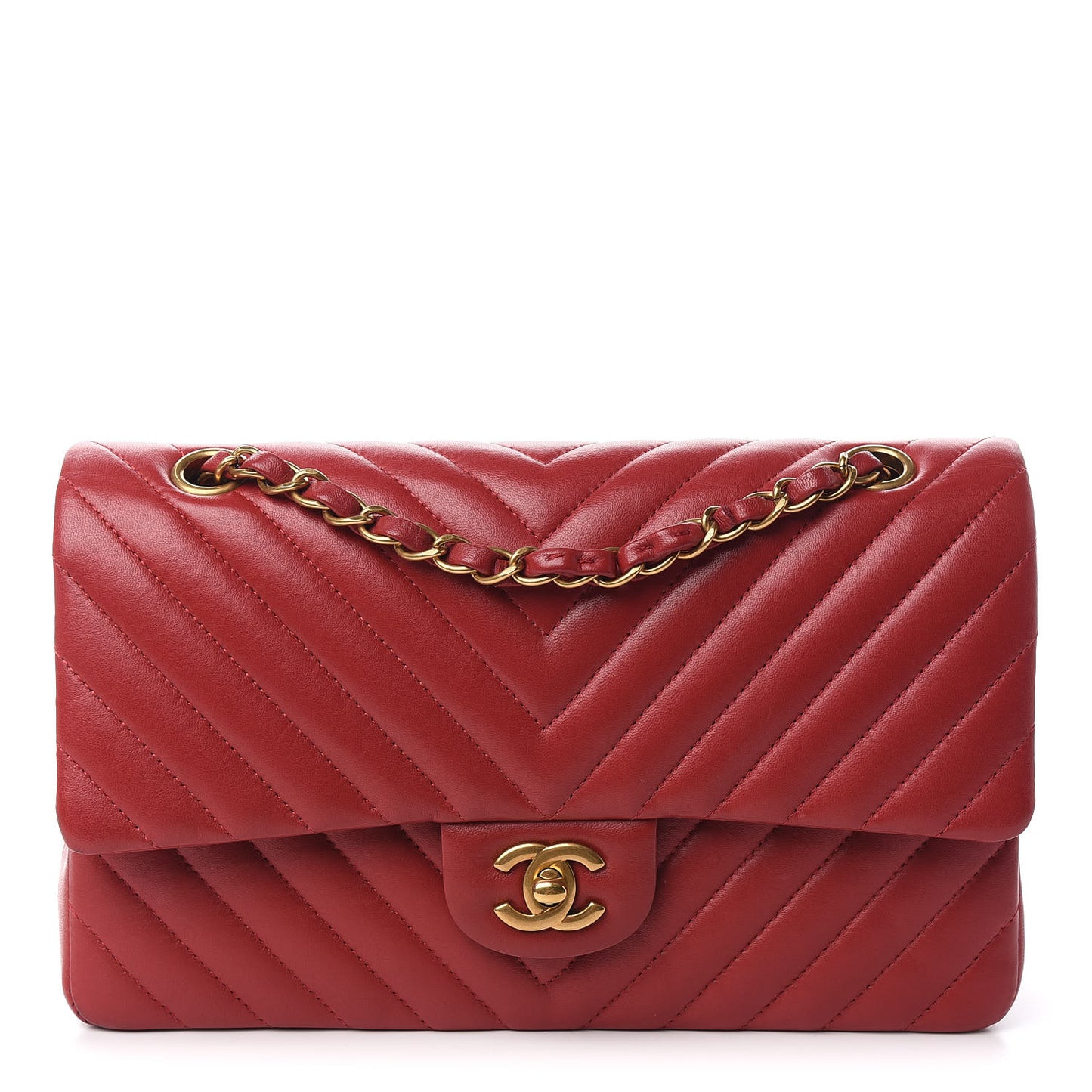 Lambskin Chevron Quilted Medium Double Flap Dark Red