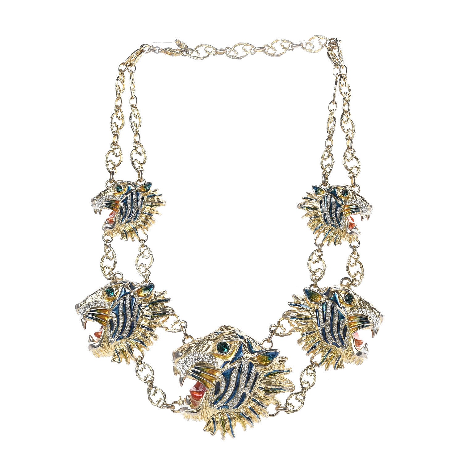 Gucci Metal Crystal Enamel Rajah Chain Necklace Gold Blue 2 of 5