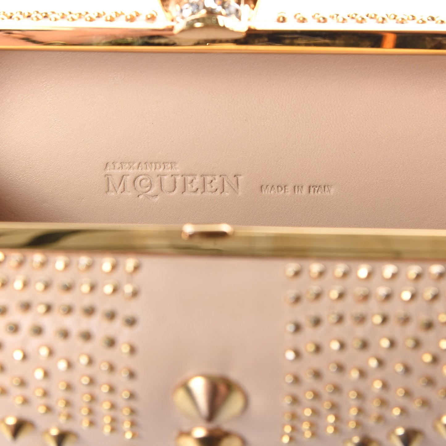 Calfskin Studded Britannia Skull Box Clutch Taupe