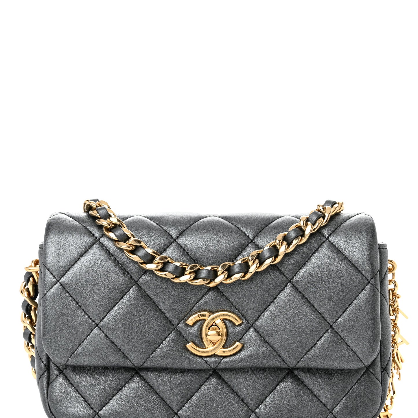 Metallic Lambskin Quilted Logo Charm Chain Flap Grey
