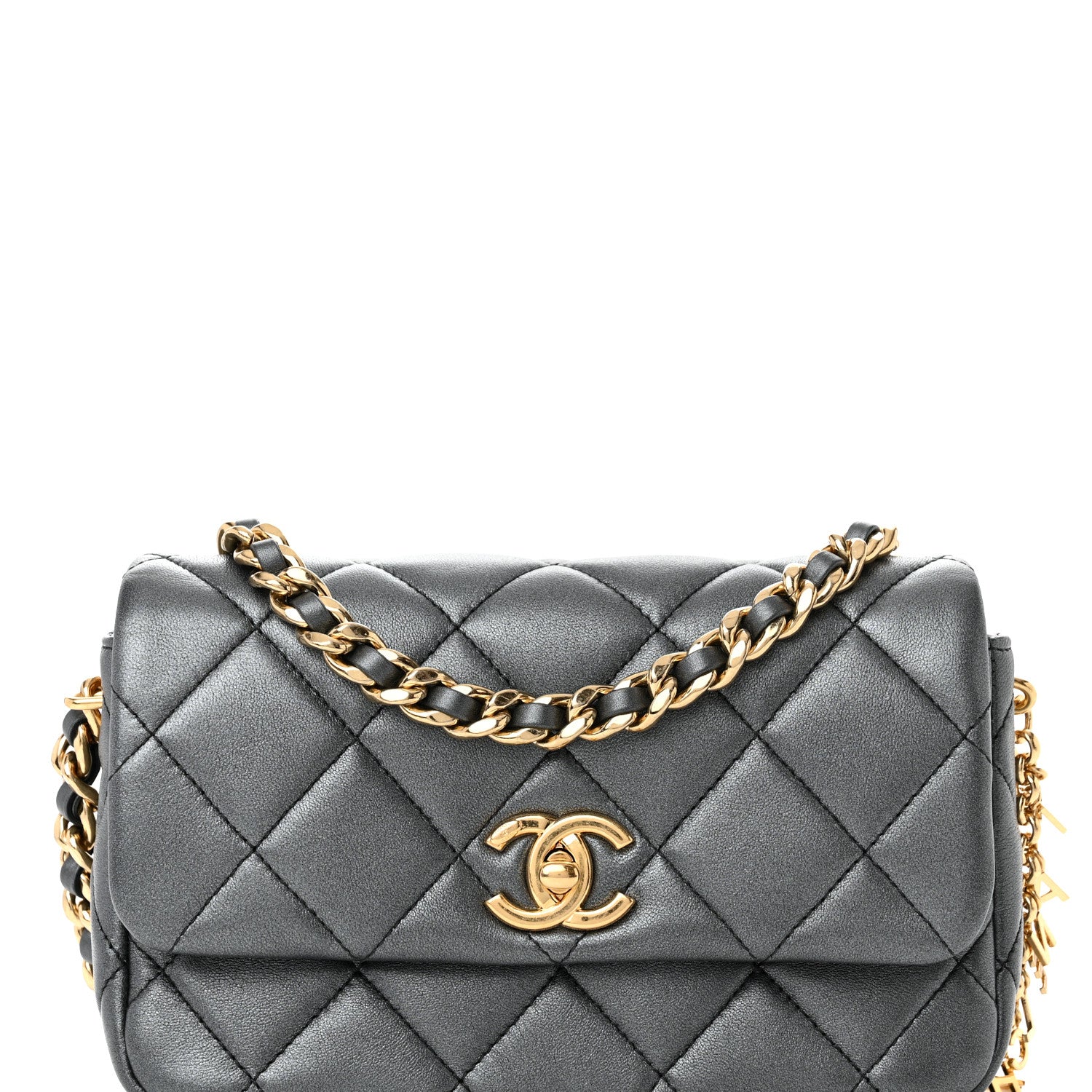Chanel Metallic Lambskin Quilted Logo Charm Chain Flap Grey 8 of 11