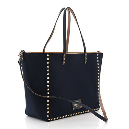 Valentino Garavani Canvas Medium Rockstud Reversible Tote Navy Blue Beige 4 of 17