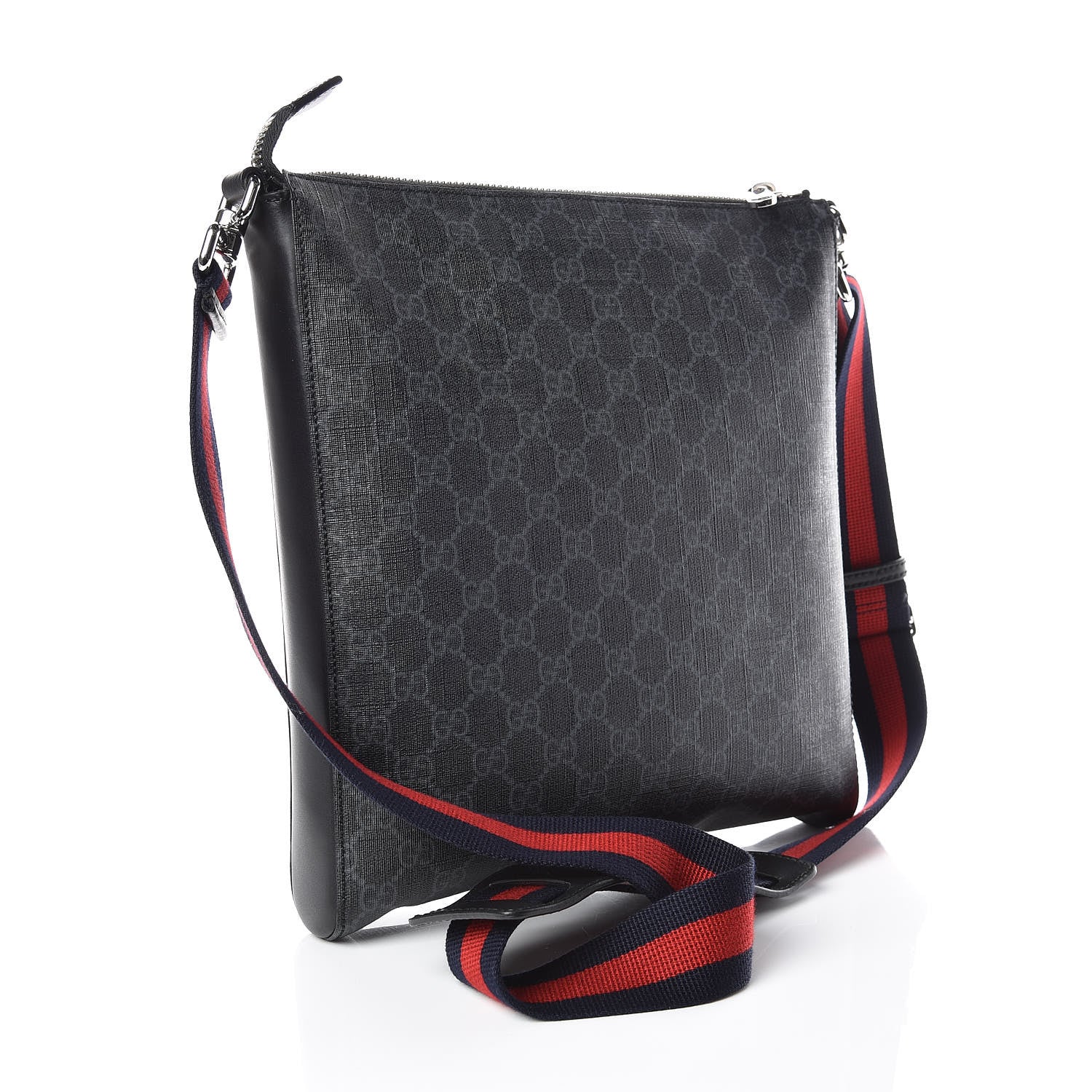 Gucci GG Supreme Monogram Appia Calfskin Web Flat Messenger Bag Black Grey 3 of 9