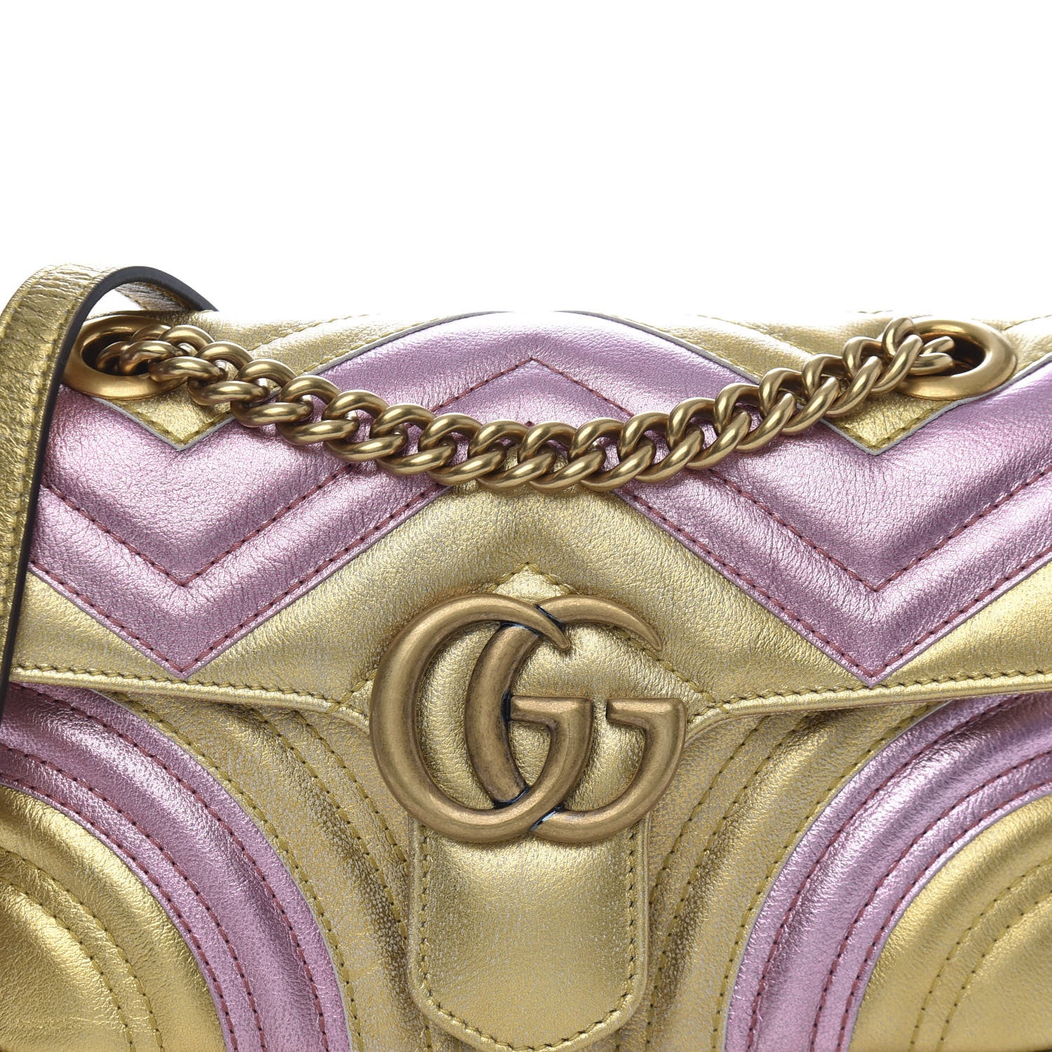 Gucci Metallic Calfskin Matelasse Mini GG Marmont Shoulder Bag Gold Pink 11 of 11