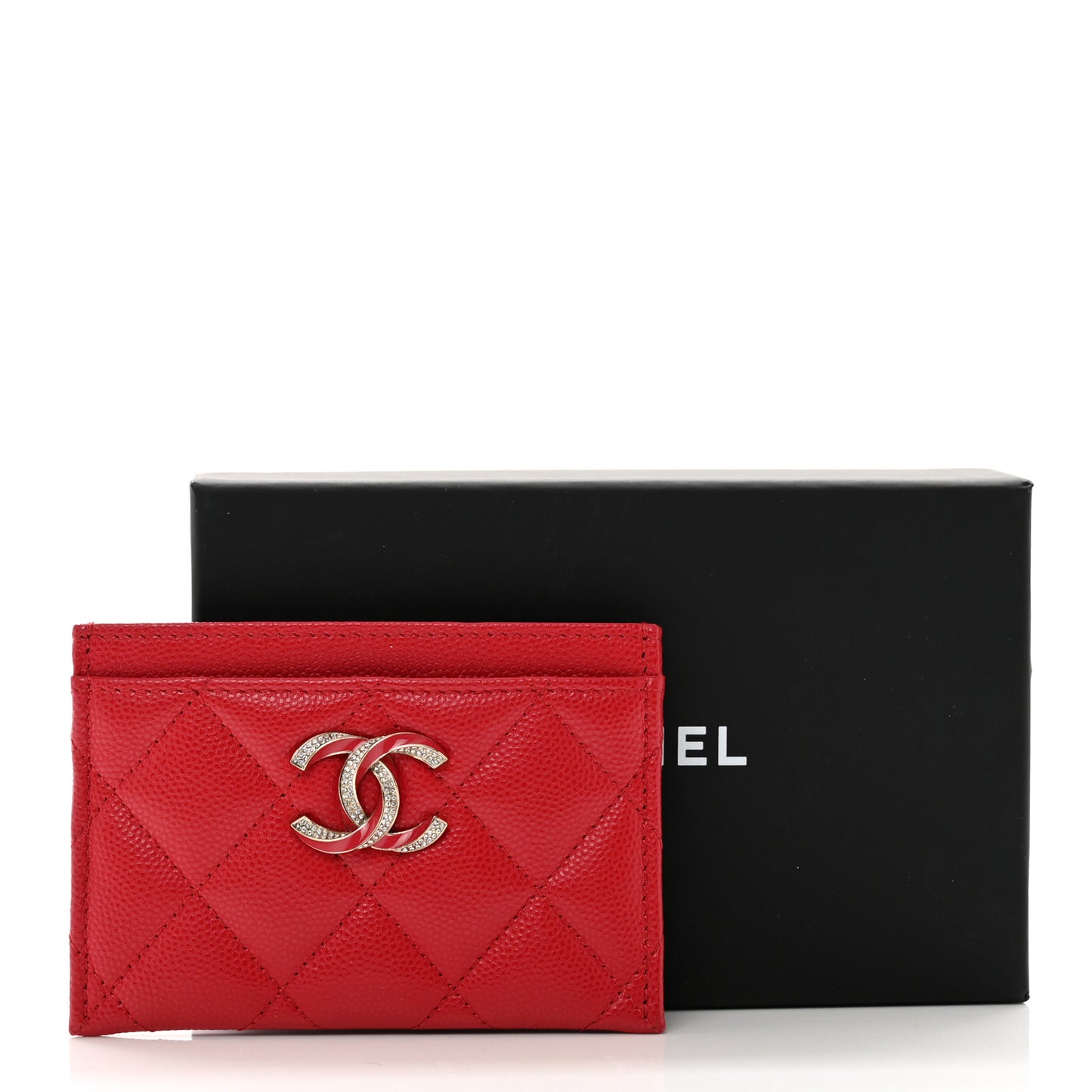 Caviar Quilted Crystal Enamel CC Card Holder Red