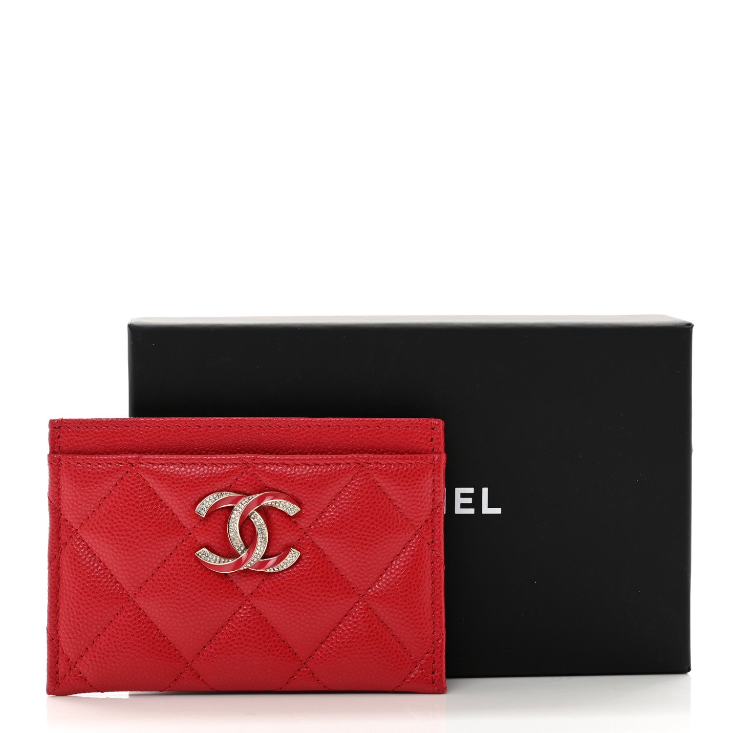 Chanel Caviar Quilted Crystal Enamel CC Card Holder Red 10 of 10