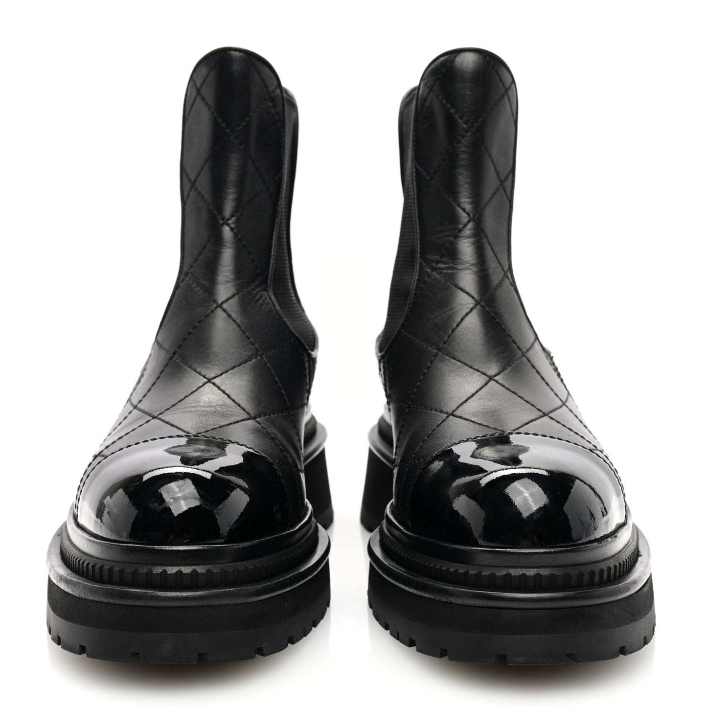 Calfskin Patent Cap Toe Quilted Short Boots 35.5 Black