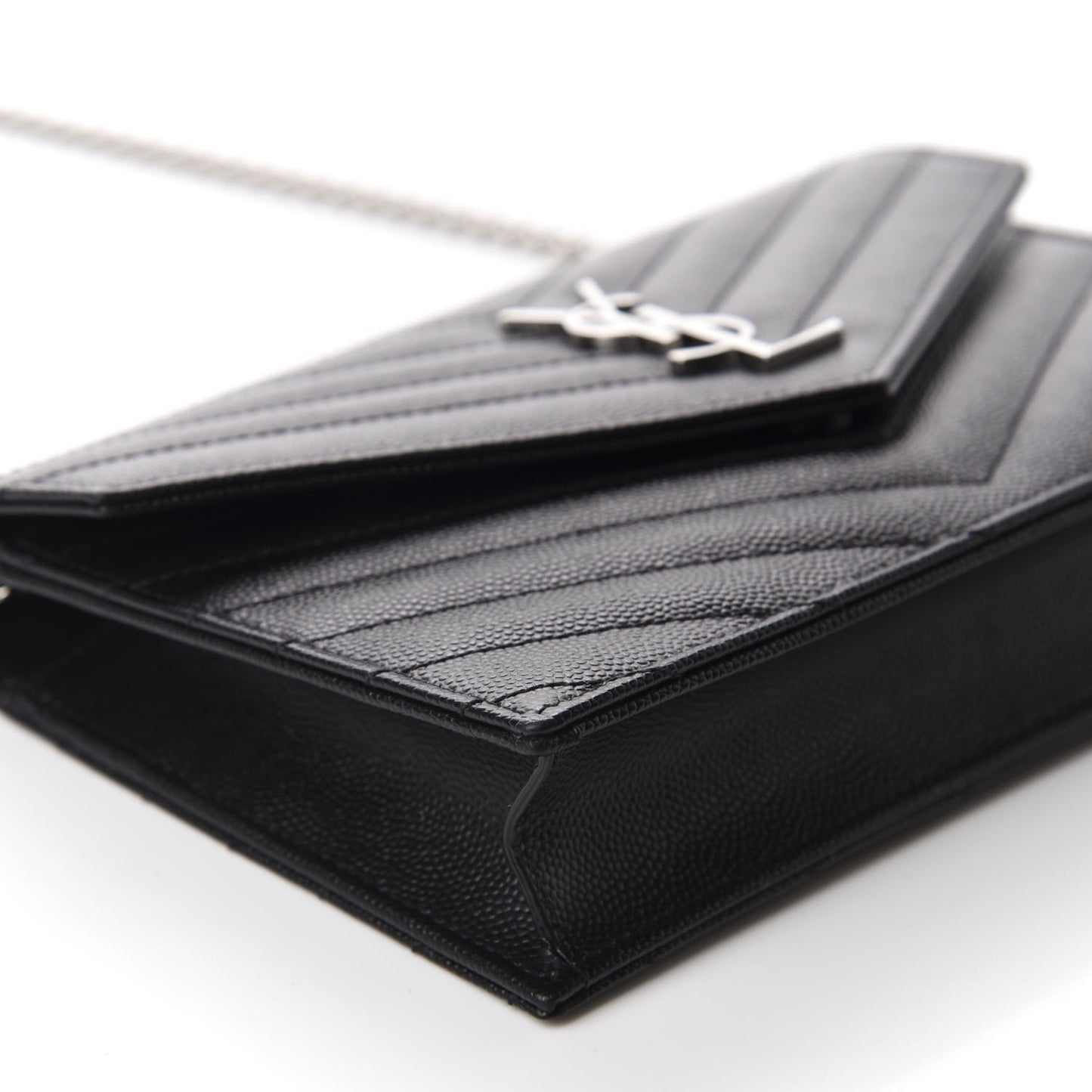 Grain De Poudre Matelasse Chevron Monogram Envelope Chain Wallet Black
