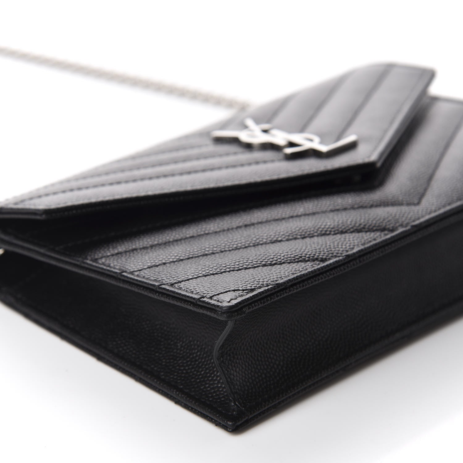 Saint Laurent Grain De Poudre Matelasse Chevron Monogram Envelope Chain Wallet Black 6 of 11