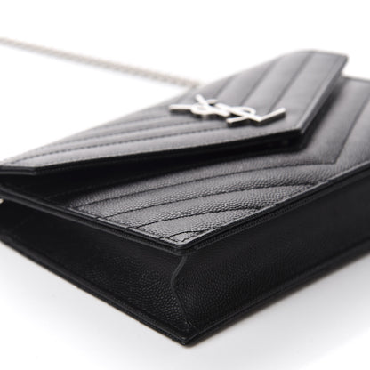 Saint Laurent Grain De Poudre Matelasse Chevron Monogram Envelope Chain Wallet Black 6 of 11