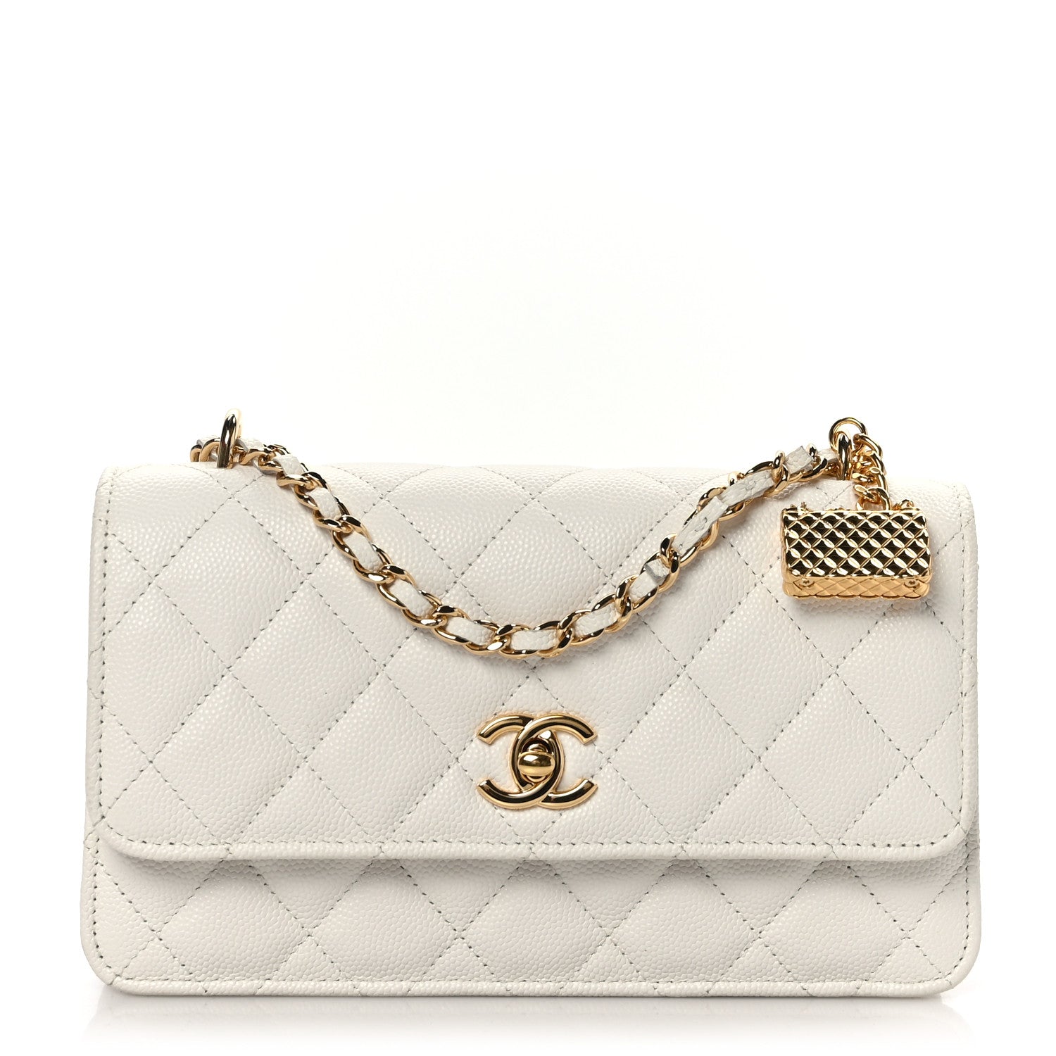Chanel Shiny Caviar Quilted Flap Charm Wallet On Chain WOC White 1 of 9