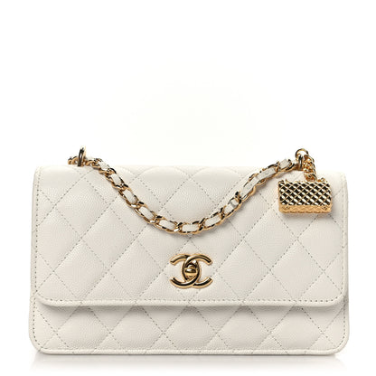 Chanel Shiny Caviar Quilted Flap Charm Wallet On Chain WOC White 1 of 9