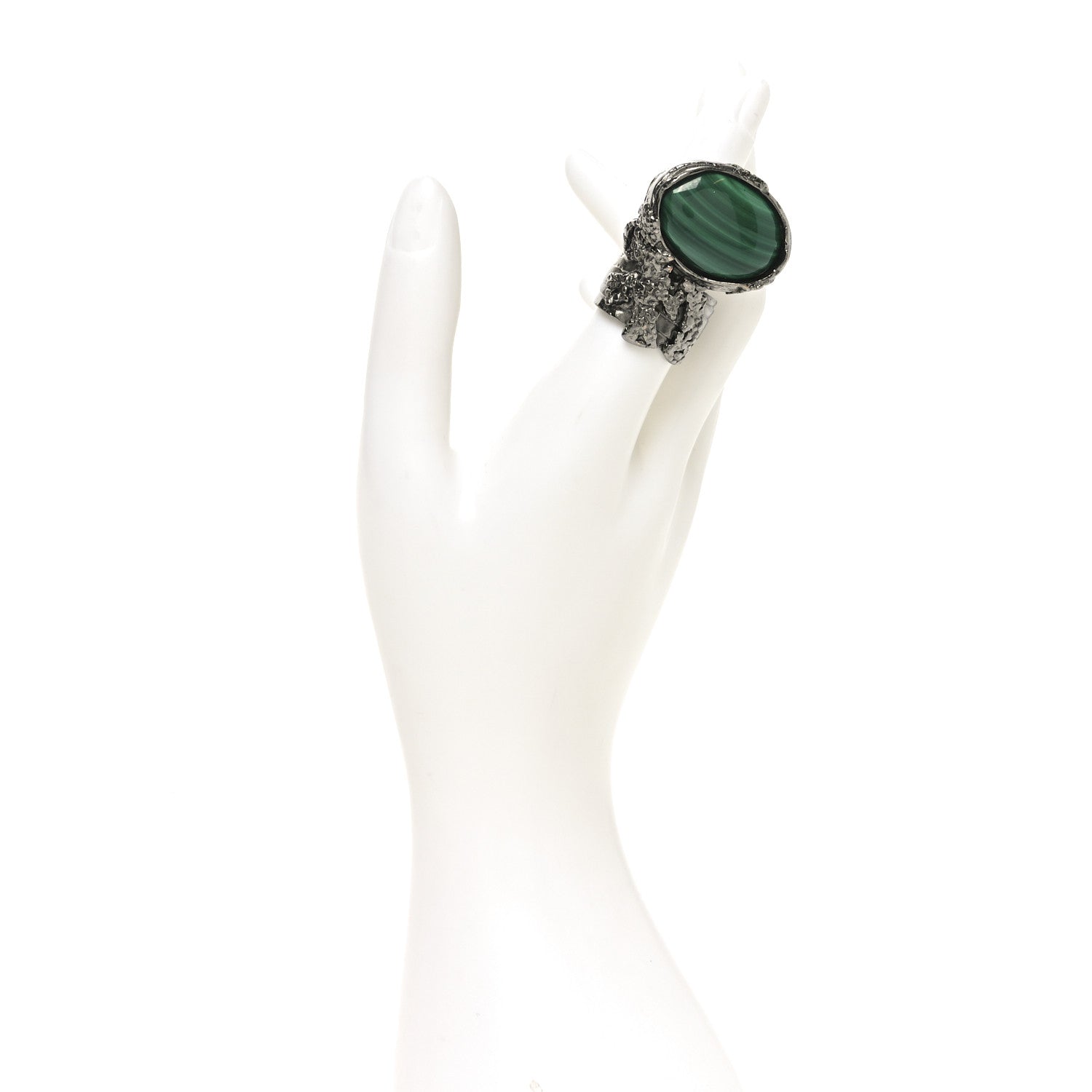 Saint Laurent Glass Cabochon Arty Ovale Ring 8 Gunmetal Malachite 2 of 4