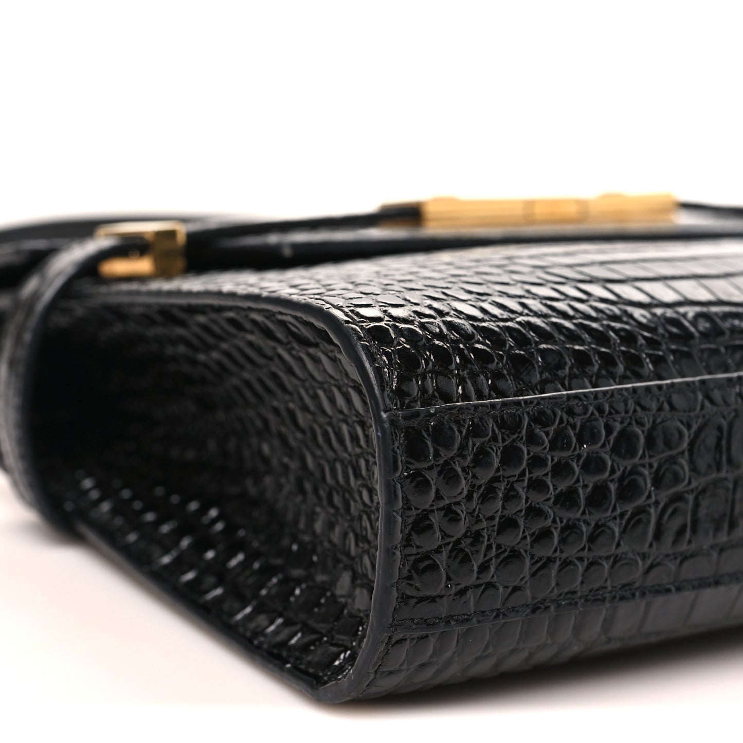 Shiny Calfskin Crocodile Embossed Small Manhattan Baguette Black