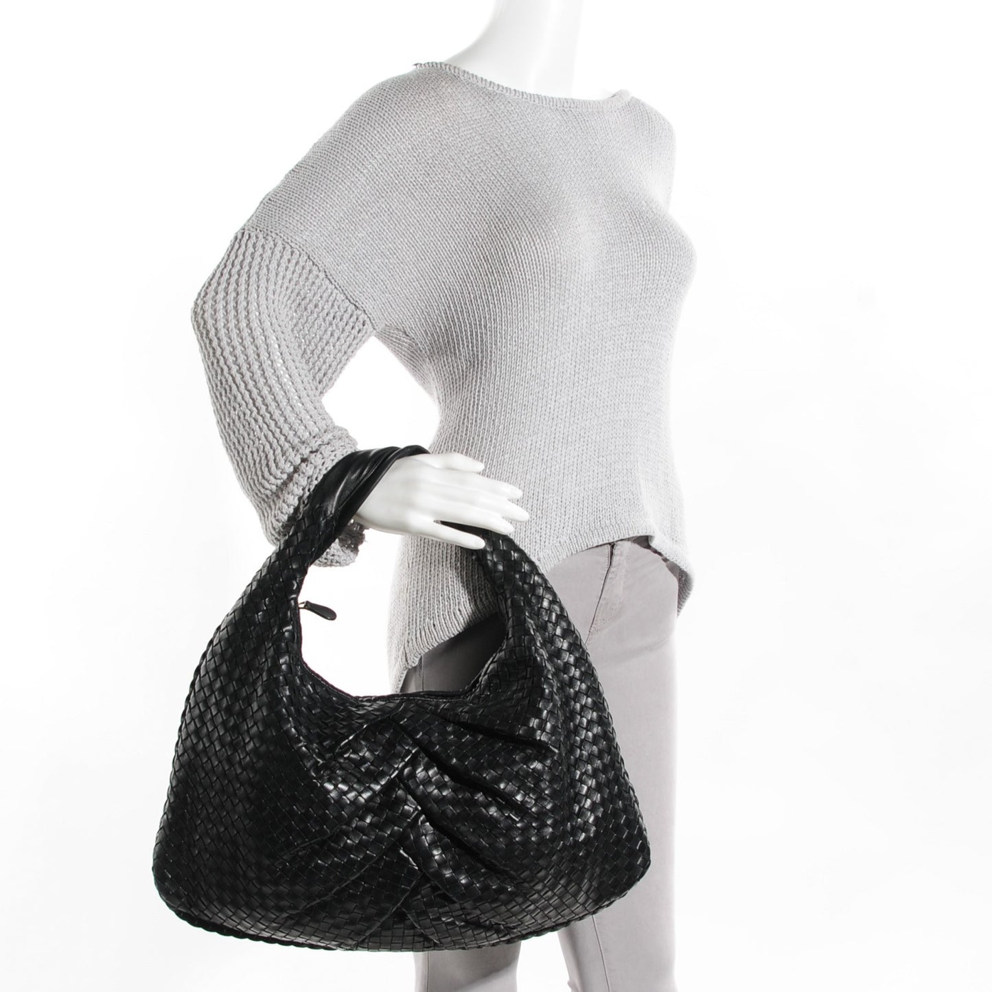 Nappa Intrecciato Pleated Large Veneta Hobo Black