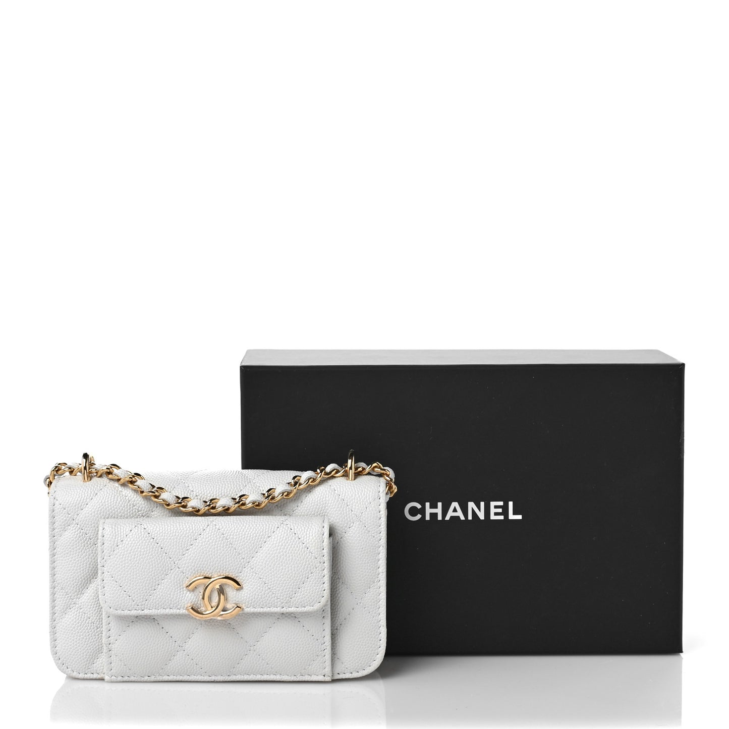 Caviar Quilted Pocket Twins Clutch With Chain White