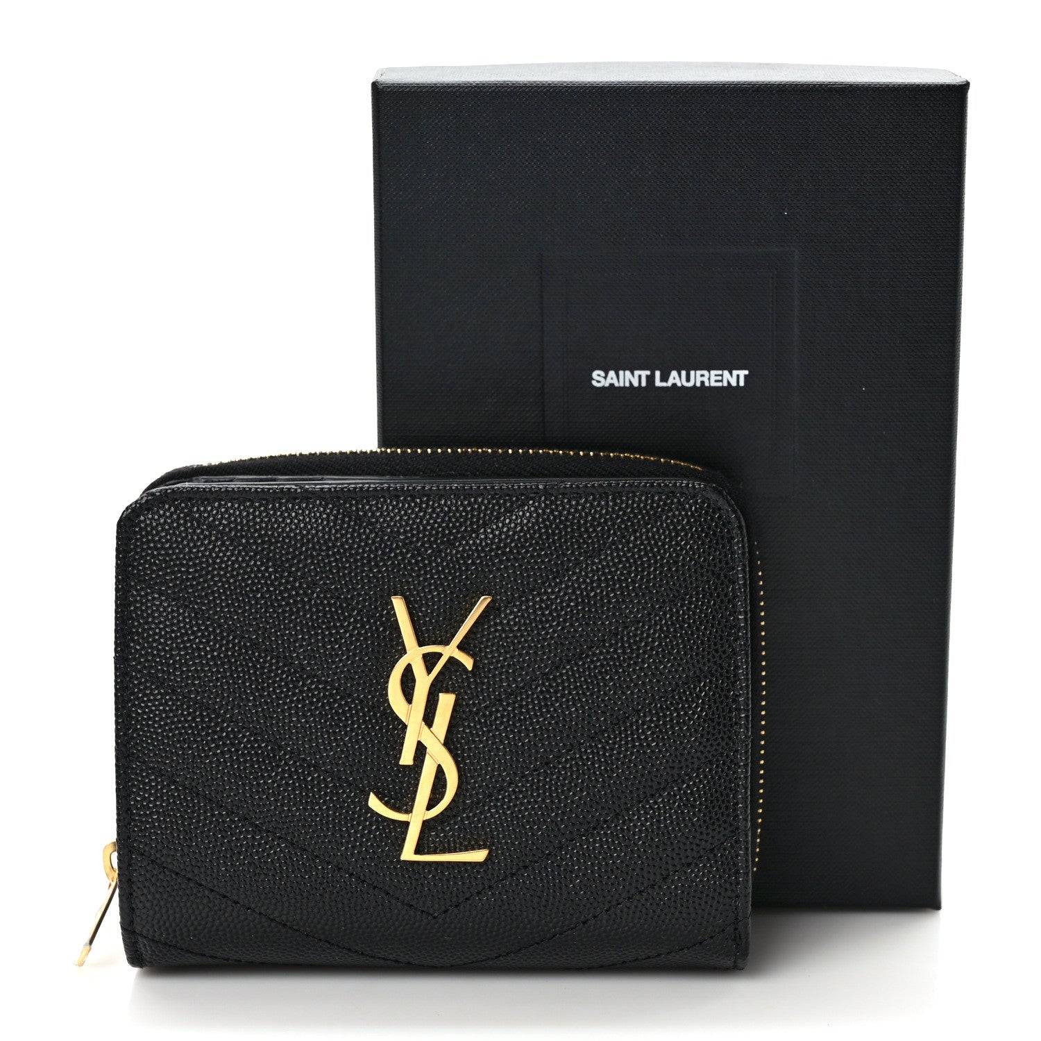 Saint Laurent Grain De Poudre Matelasse Chevron Monogram Compact Zip Around Wallet Black 7 of 7