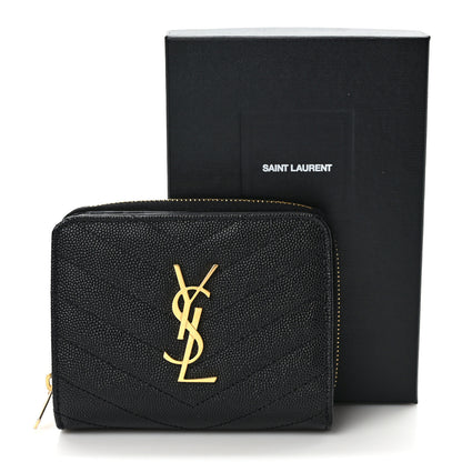 Saint Laurent Grain De Poudre Matelasse Chevron Monogram Compact Zip Around Wallet Black 7 of 7
