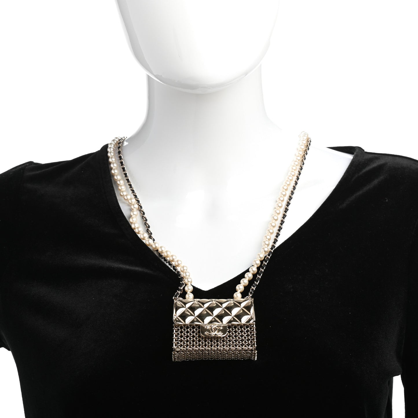 Metal Lambskin Pearl Chain Flap Bag Long Necklace Gold Black Pearly White