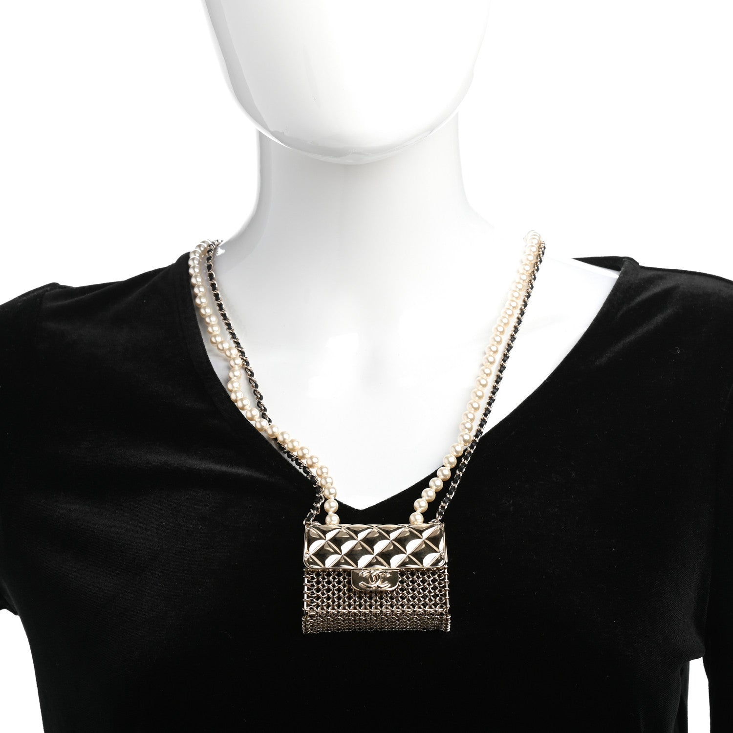 Chanel Metal Lambskin Pearl Chain Flap Bag Long Necklace Gold Black Pearly White 2 of 5
