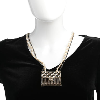 Chanel Metal Lambskin Pearl Chain Flap Bag Long Necklace Gold Black Pearly White 2 of 5
