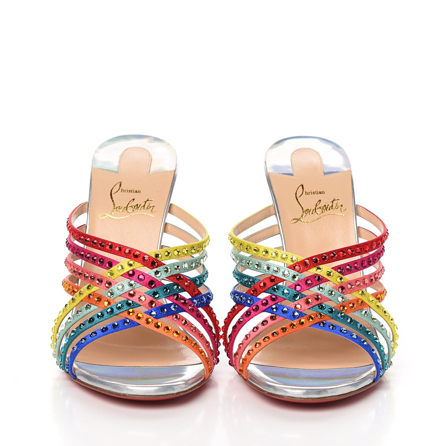 Specchio Calfskin Crystal Marthastrass 100 Slide Sandals 37 Silver Multicolor