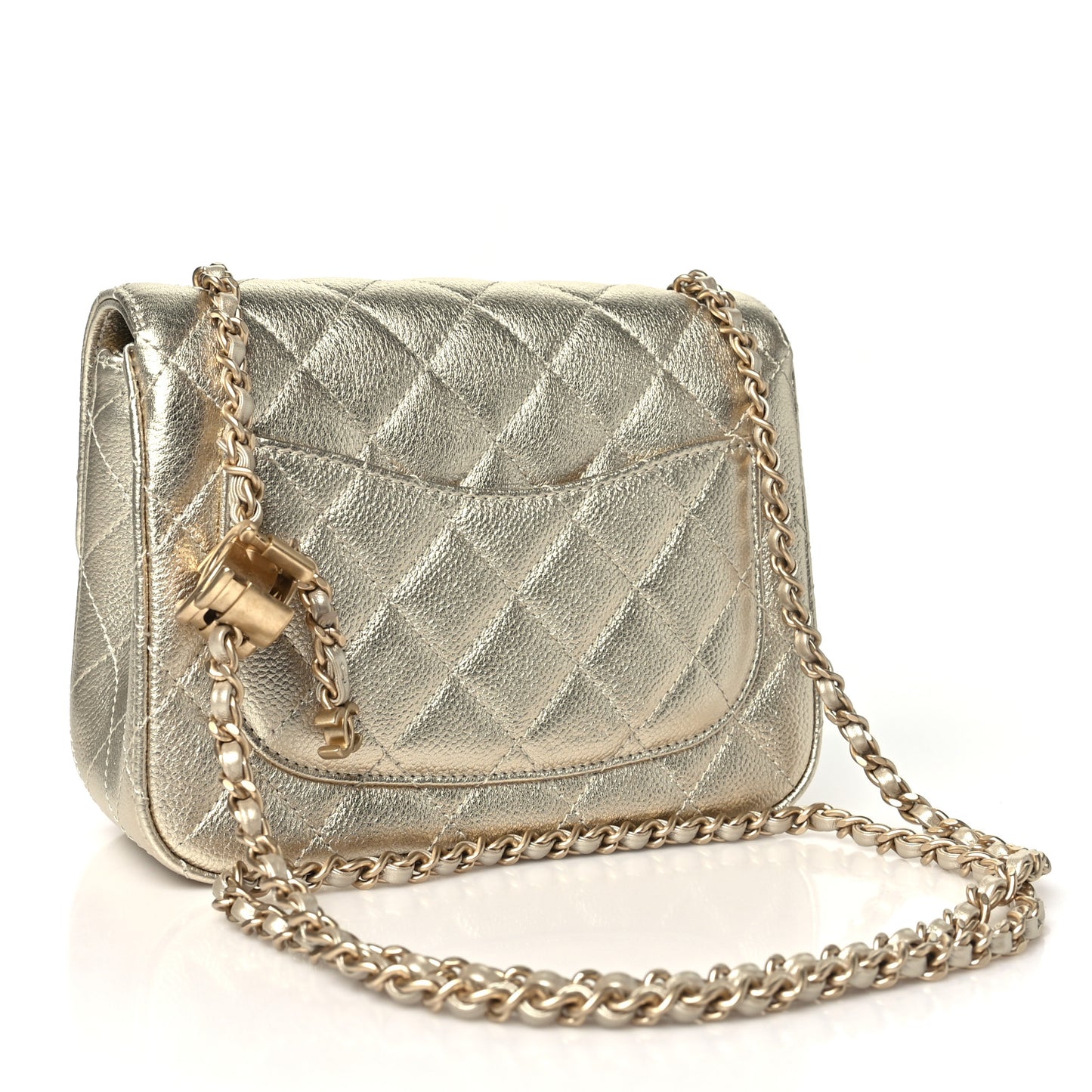Metallic Caviar Quilted Mini Square CC Slide Flap Gold