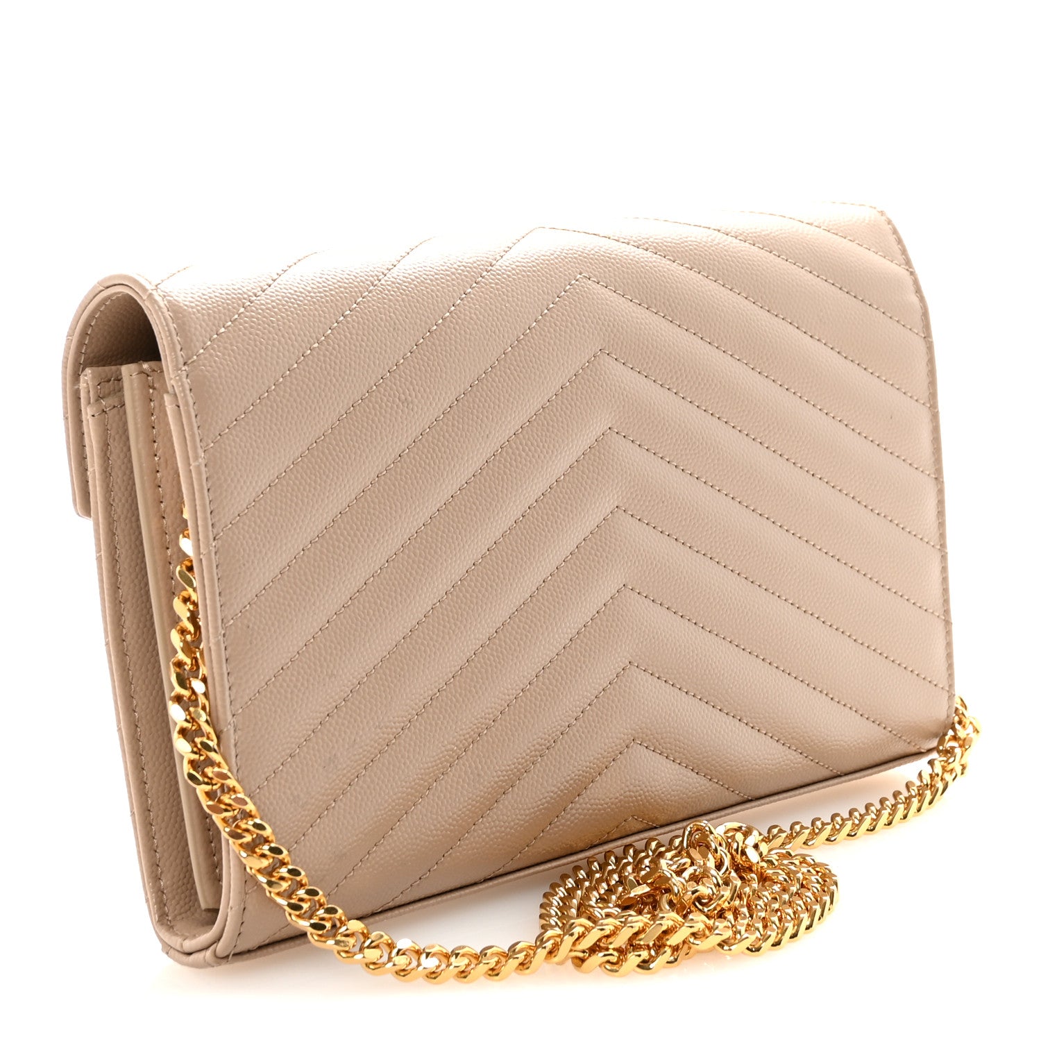 Saint Laurent Grain De Poudre Matelasse Chevron Monogram Chain Wallet Dark Beige 3 of 10