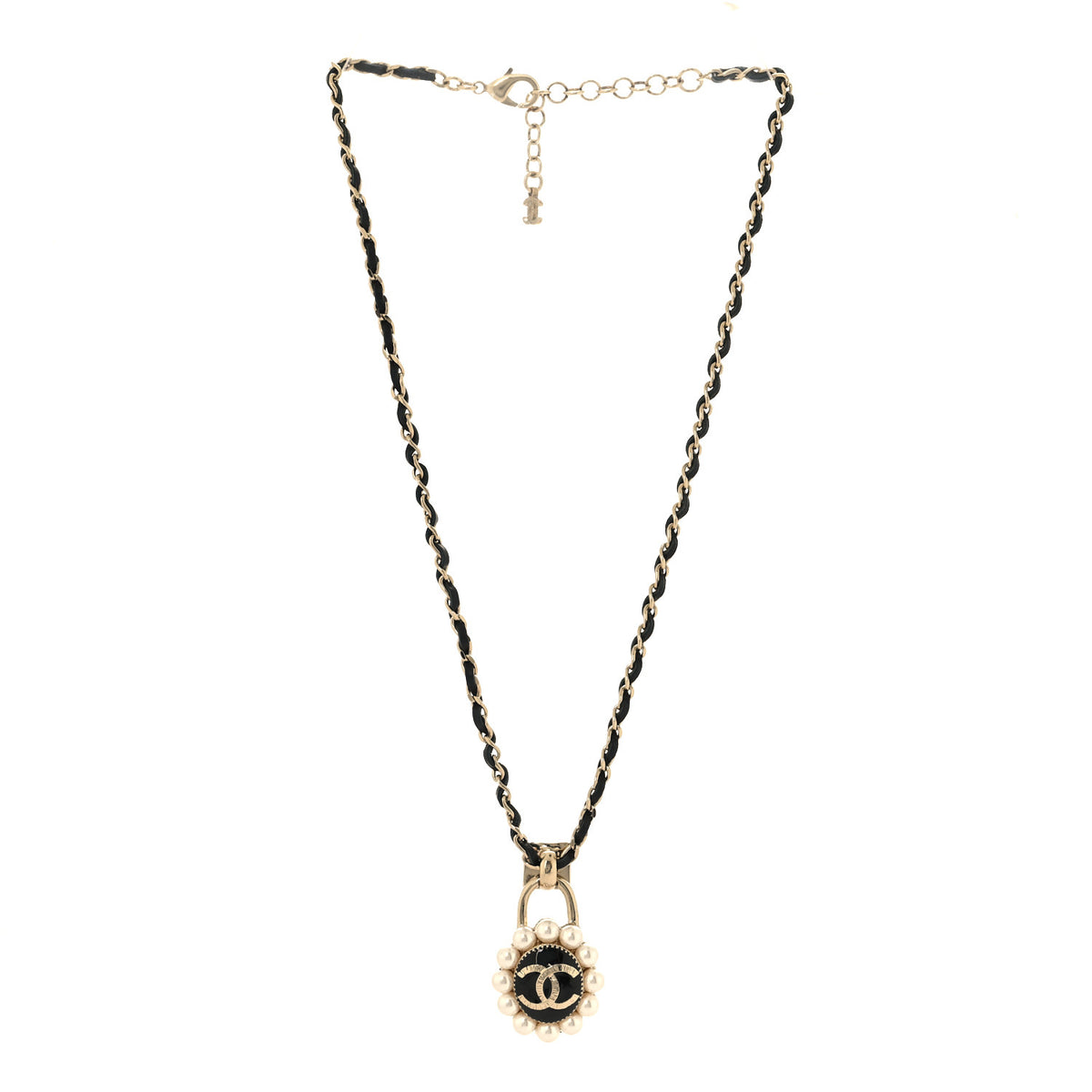 Crystal Pearl Lambskin CC Chain Necklace Gold Black Pearly White
