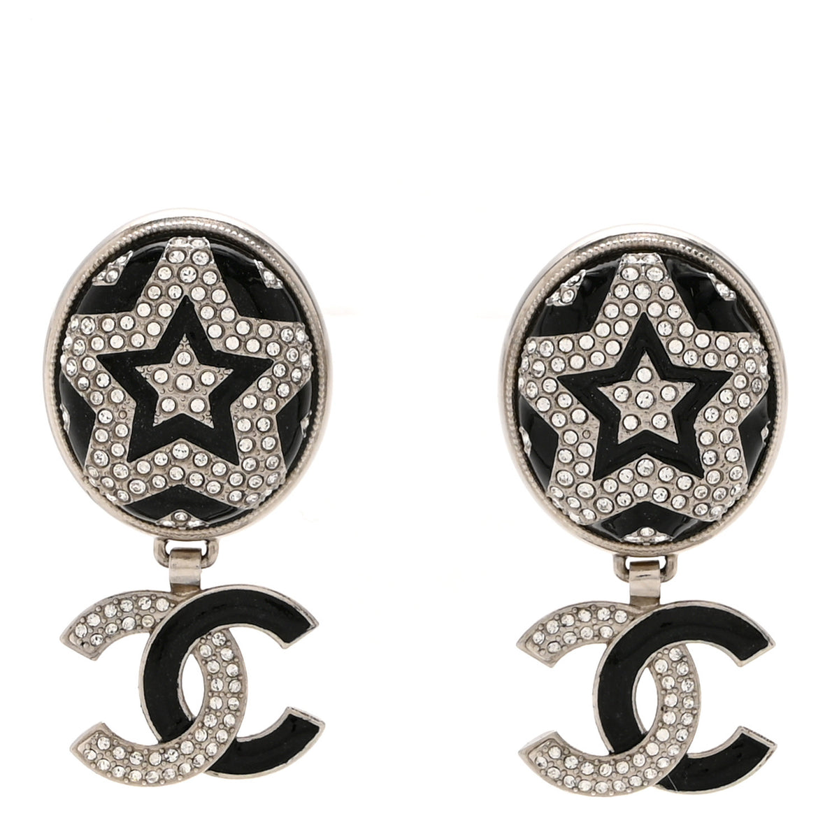 Chanel Crystal Enamel CC Star Drop Earrings Silver Black 1 of 5