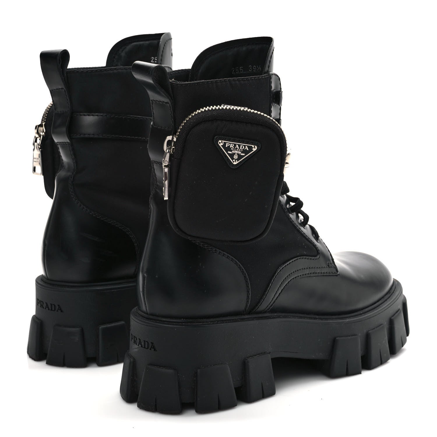 Prada Spazzolato Rois Nylon Metal Triangle Logo Monolith Pouch Pocket 55mm Boots 39.5 Black 4 of 8
