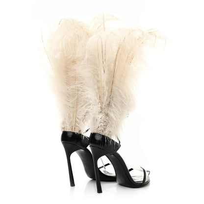Saint Laurent Feather Embellished Calfskin Talitha Ankle-Wrap Sandals 36 Black White 4 of 12