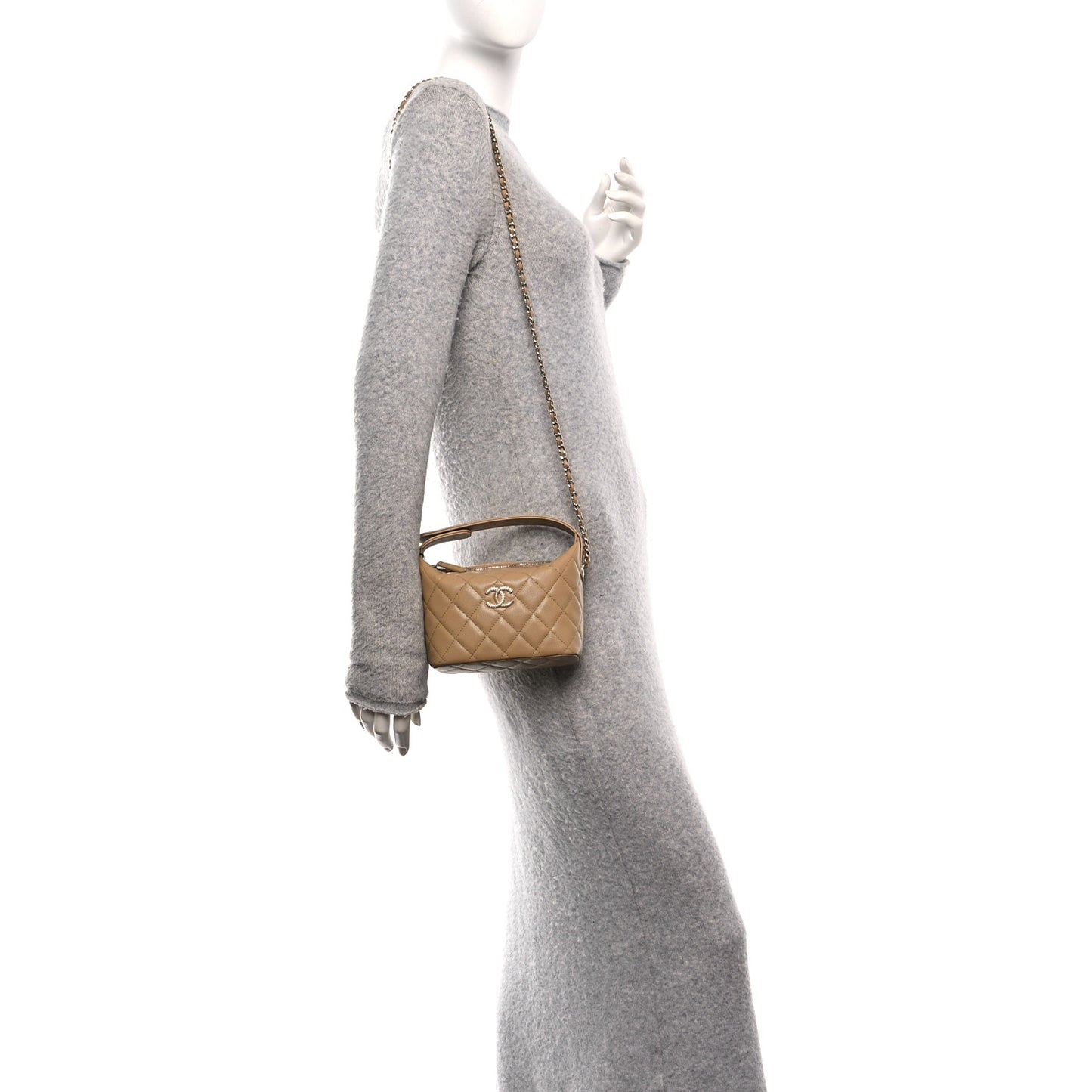 Caviar Quilted Chain Hobo Dark Beige