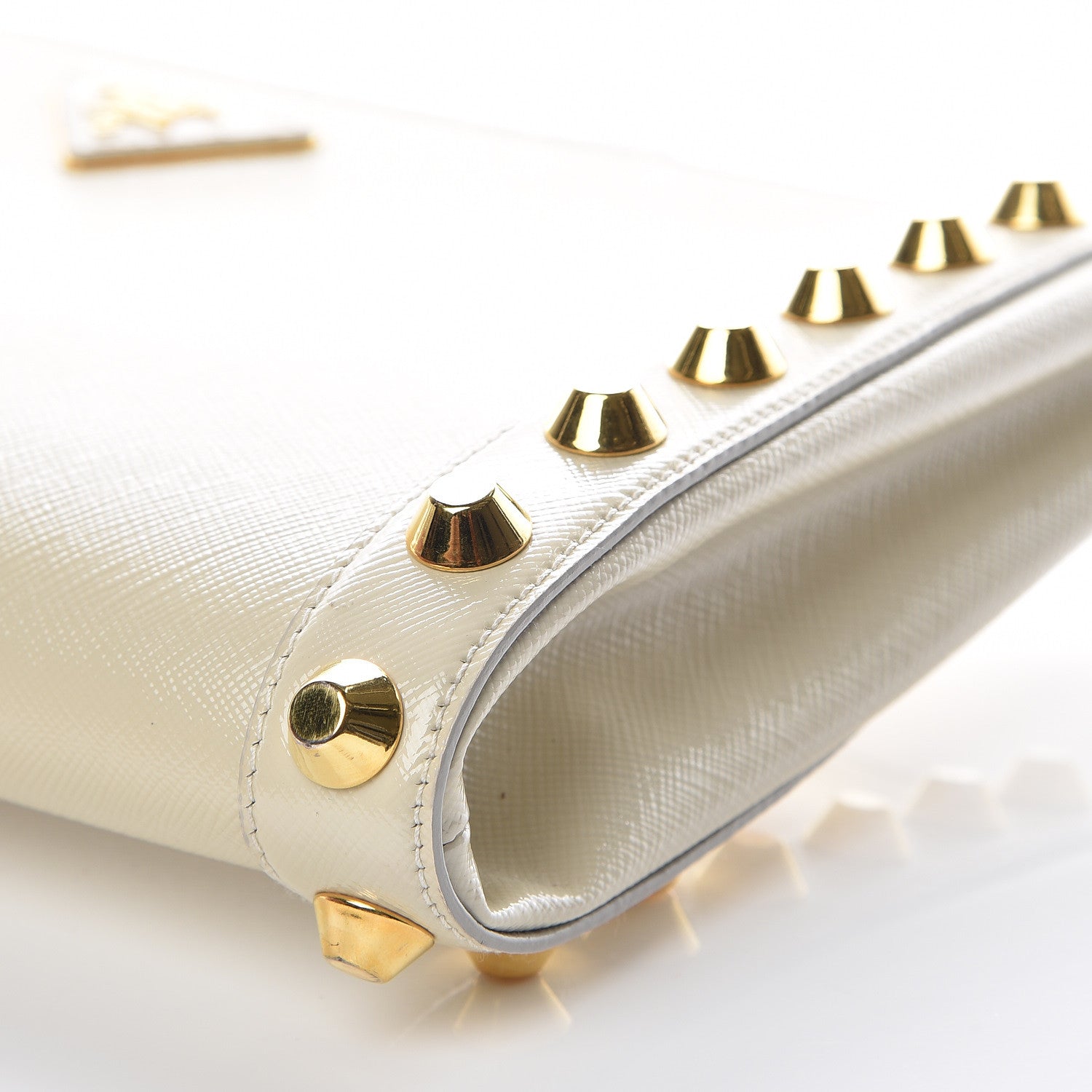 Prada Saffiano Vernice Studded Clutch Talco 10 of 10
