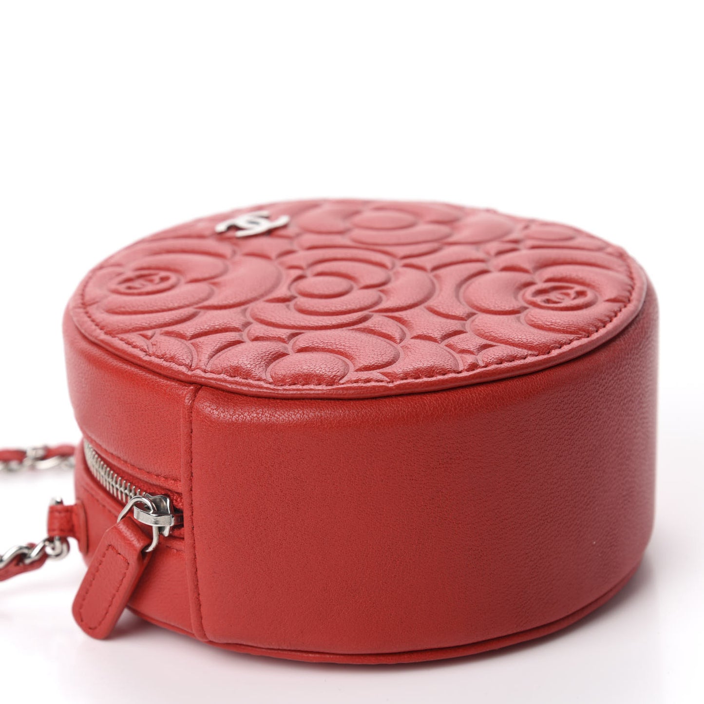 Goatskin Camellia Quilted Round Clutch With Chain Red