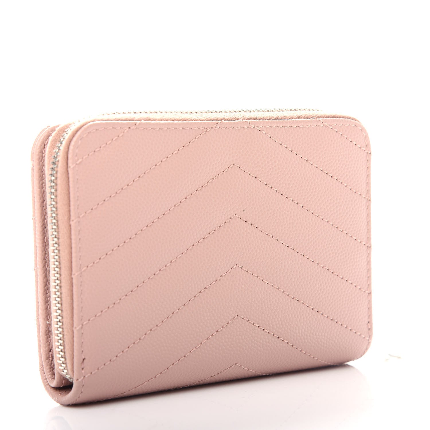 Saint Laurent Grain De Poudre Matelasse Chevron Monogram Compact Zip Around Wallet Pink 3 of 8