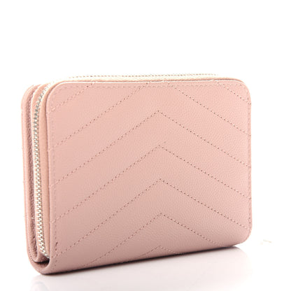 Saint Laurent Grain De Poudre Matelasse Chevron Monogram Compact Zip Around Wallet Pink 3 of 8
