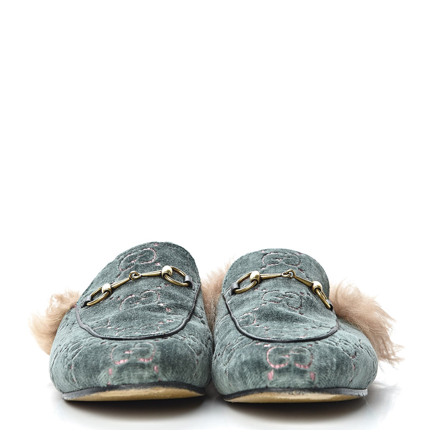 Velvet GG Monogram Fur Womens Princetown Slippers 37.5 Avio Dusty Pink